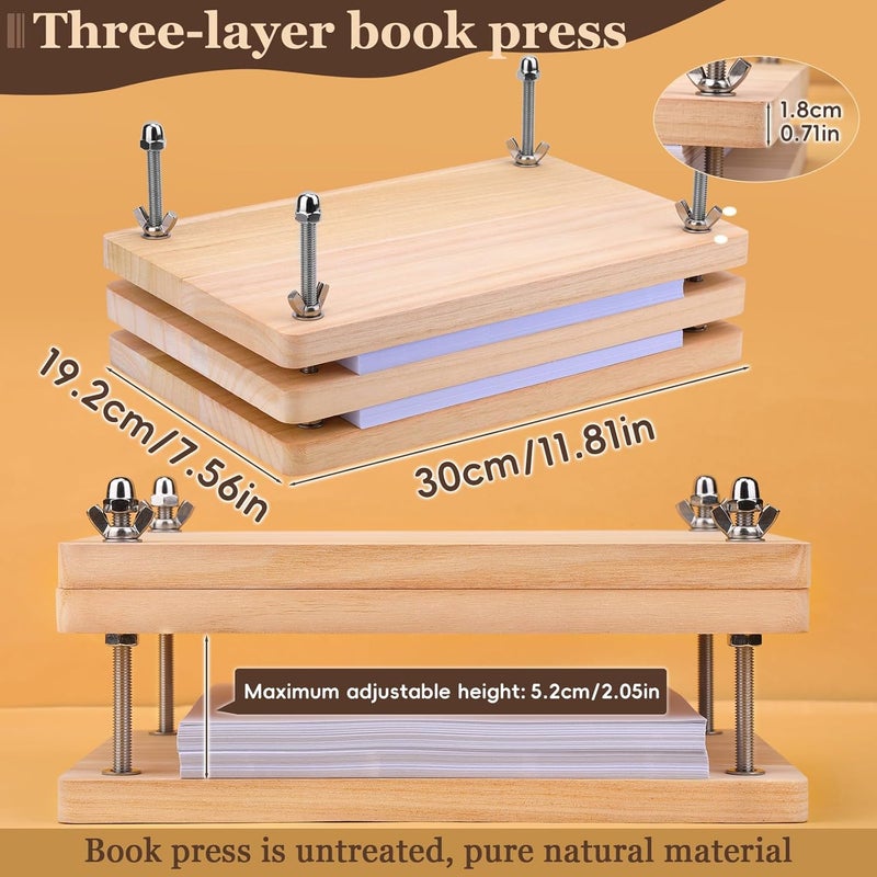JUPEAN 34 Pcs Book Binding Kits, Book Press(11.81”x7.56”), Books Making Kit with Bone Folder Bookbinding Needles Waxed Threads Books Binding Awl, Bookbinding Tools for Beginners - Image 3